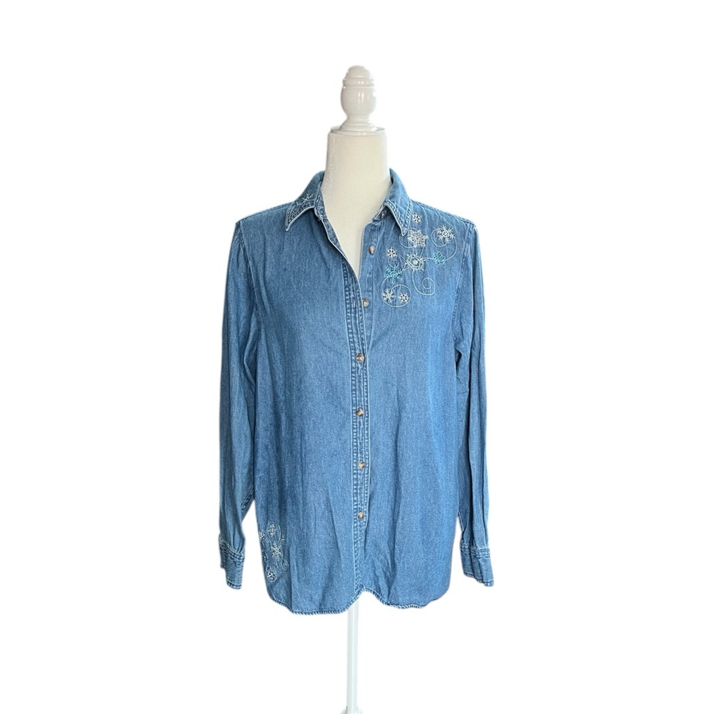 Vintage Blue denim button-up shirt with embroidered snowflakes